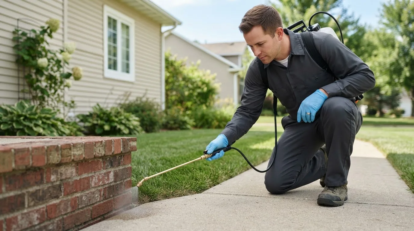Pest control technician treating a home near Grand Junction, MI